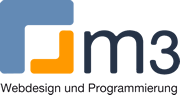 Logo von m3-Webdesign mit großem blauen und kleinem orangen Winkel, einem kleinen m und einer 3 und dem Schriftzug 'Webdesign und Programmierung'.